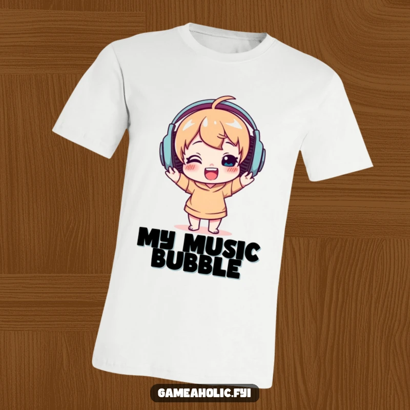 Funny t-shirt featuring a delighted character wearing oversized headphones, joyfully bobbing their head to music, celebrating audio enjoyment.