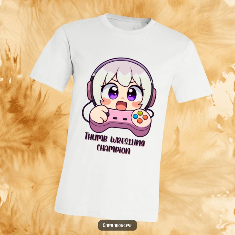 Funny t-shirt showing a character with wide, excited eyes, frantically mashing video game controller buttons, perfect for intense gaming sessions.