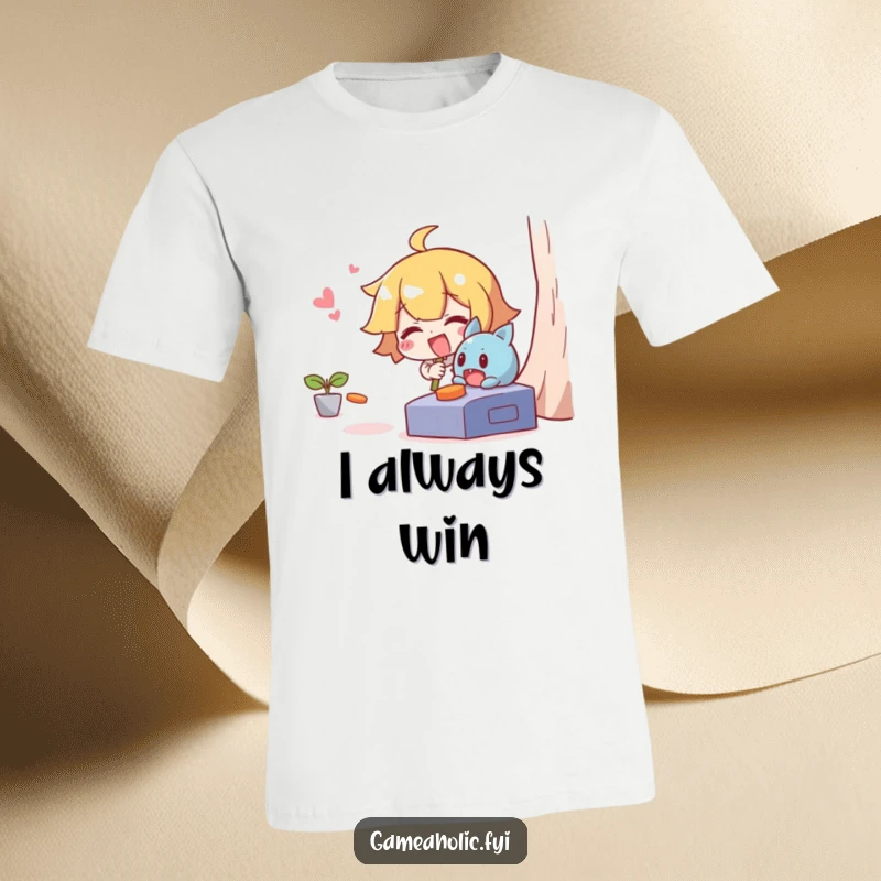 Funny t-shirt displaying a giggling character in pursuit of a nimble character escaping from a digital game world.