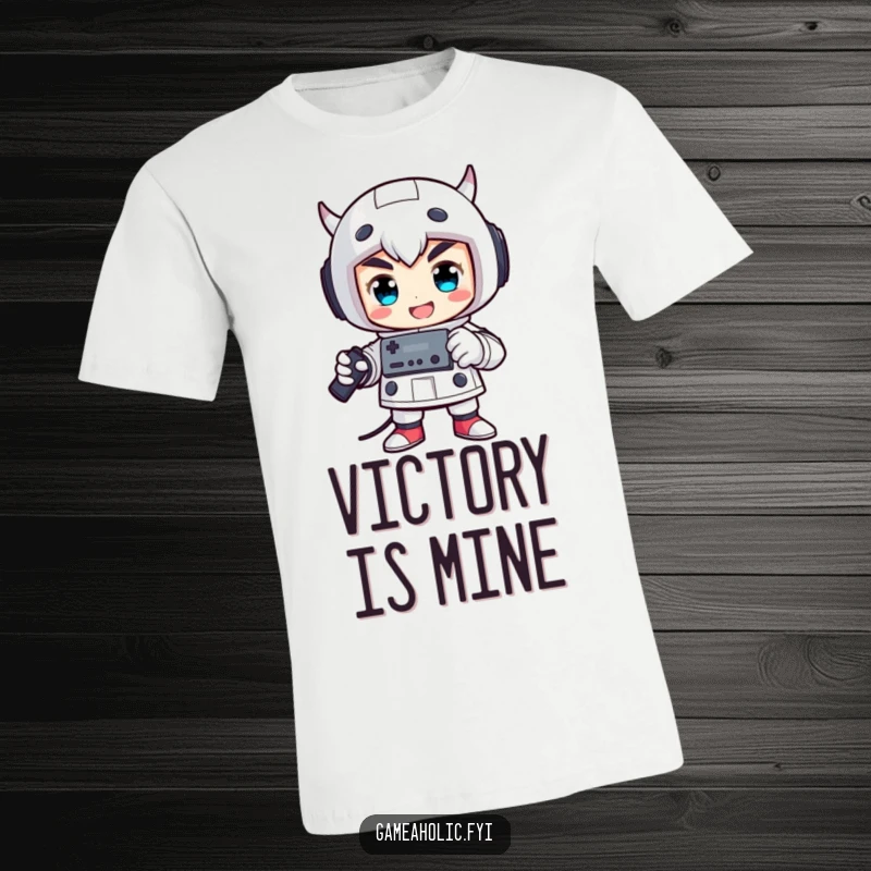 Funny t-shirt showcasing a proud character in a victorious pose, triumphantly holding a game controller.