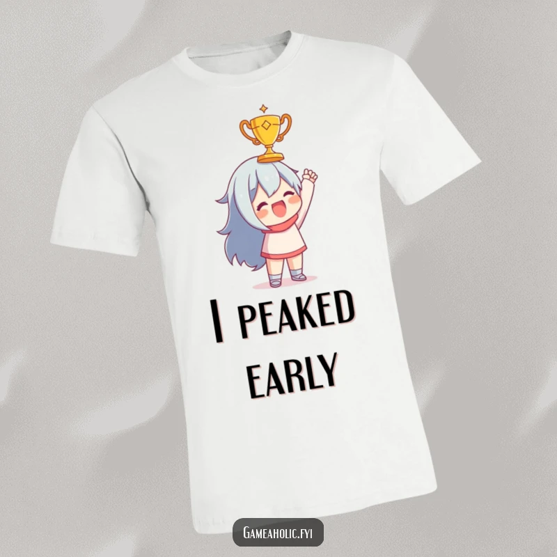 Funny t-shirt featuring a character joyfully holding up a tiny, golden trophy, symbolizing a proud moment of victory.