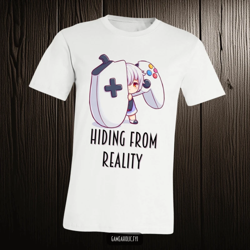 Funny t-shirt with a character peeking playfully from behind a massive game controller, showcasing a fun, escapist gaming attitude.