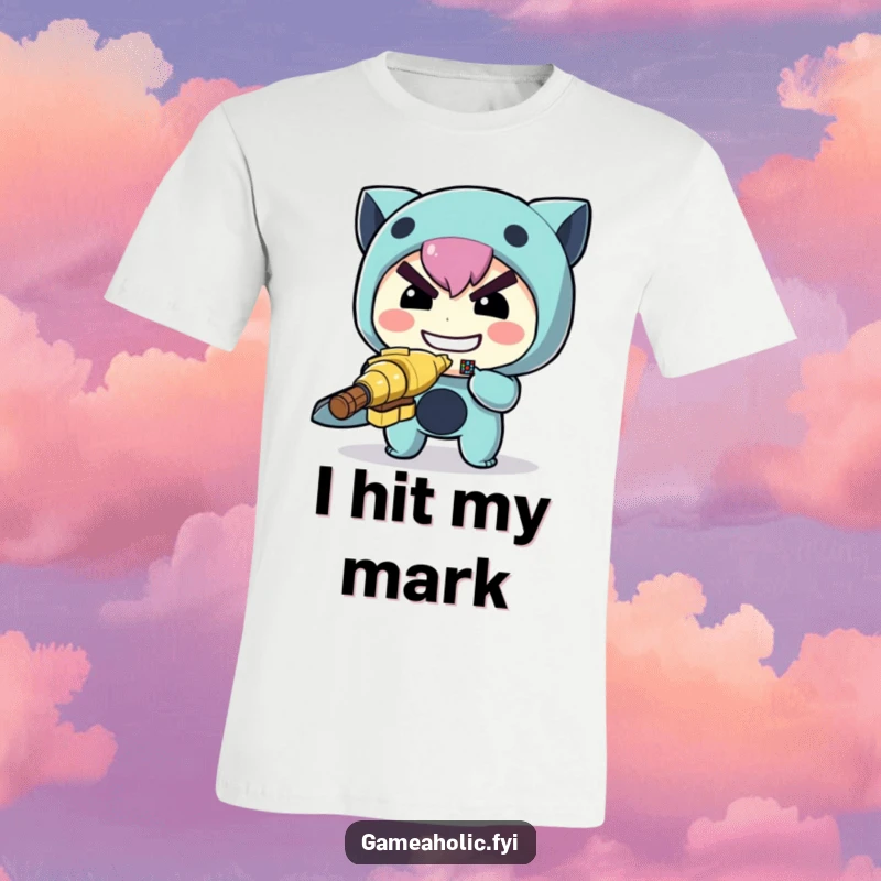 Funny archer t-shirt with a determined character aiming a small, pixelated target, highlighting focus and precision.