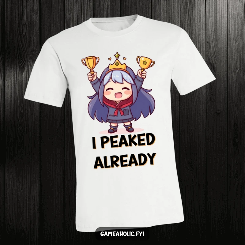 Funny T-Shirt showcasing a character gleefully holding up a comically tiny trophy, embodying a funny sense of accomplishment.