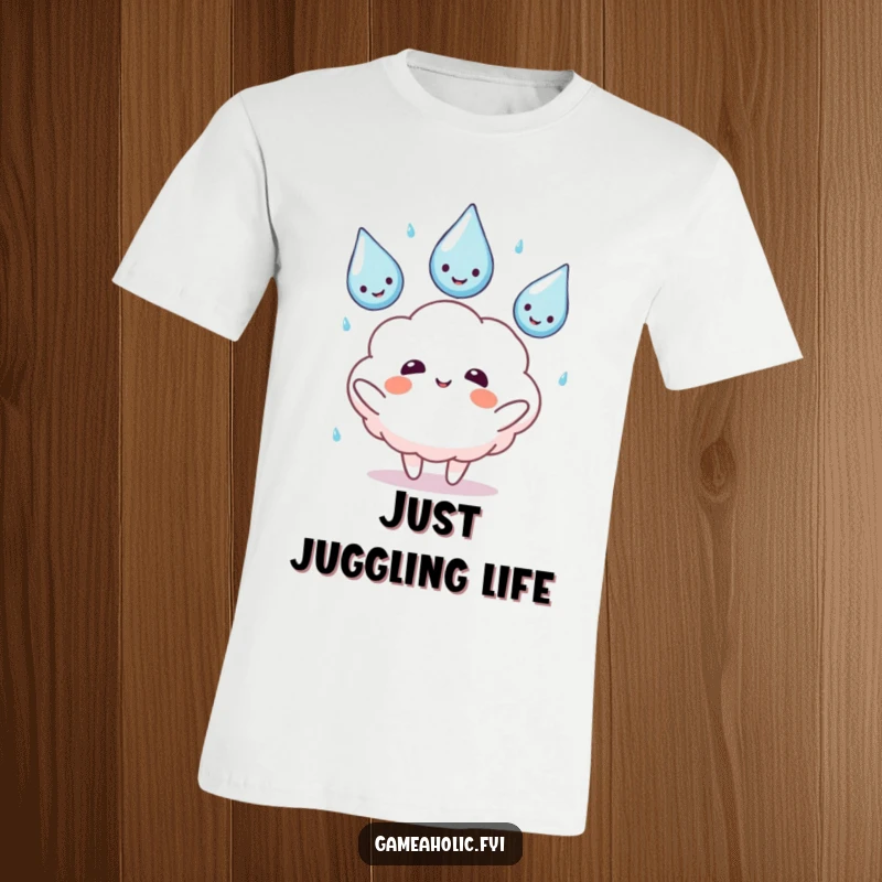 Funny t-shirt of a fluffy cloud character skillfully juggling three smiling rain drops, symbolizing cheerful multitasking and weather whimsy.