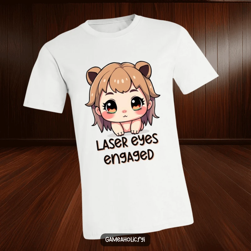 Funny t-shirt of a cute character with wide, intensely sparkling eyes, locked onto their game with unwavering focus.