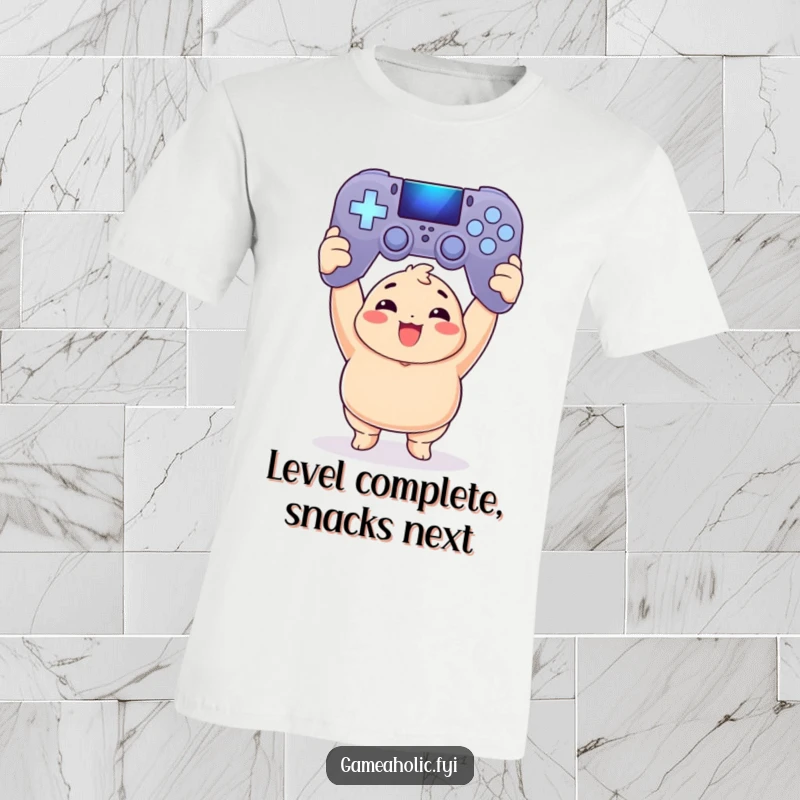 Funny T-Shirt: Chubby gamer heroically displays a glowing, oversized game controller, a symbol of their gaming triumph.