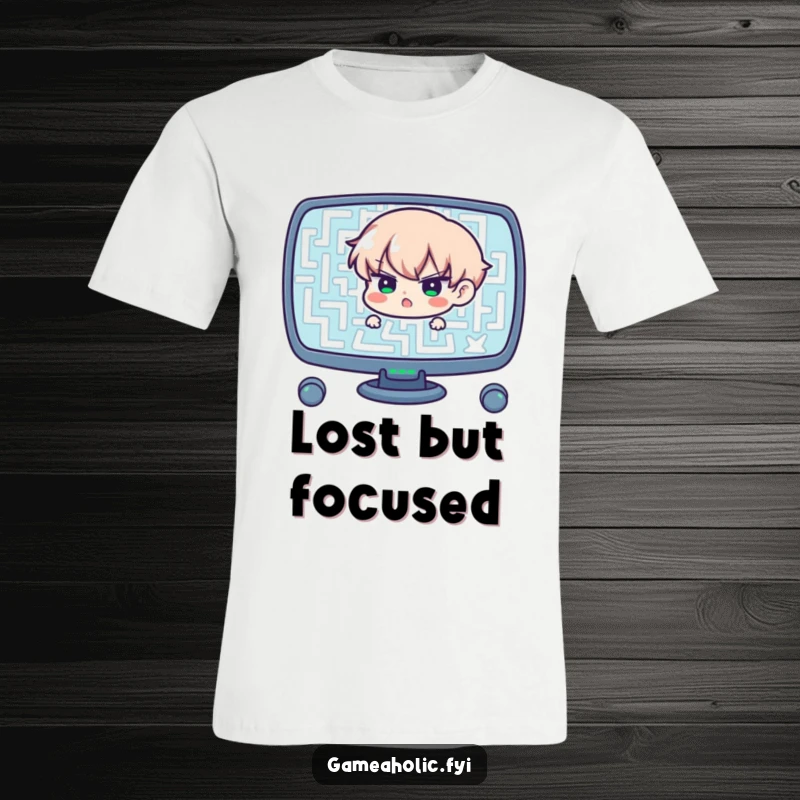 Funny t-shirt of a determined character navigating a complex maze on a screen, a humorous and inspiring gift for the focused.