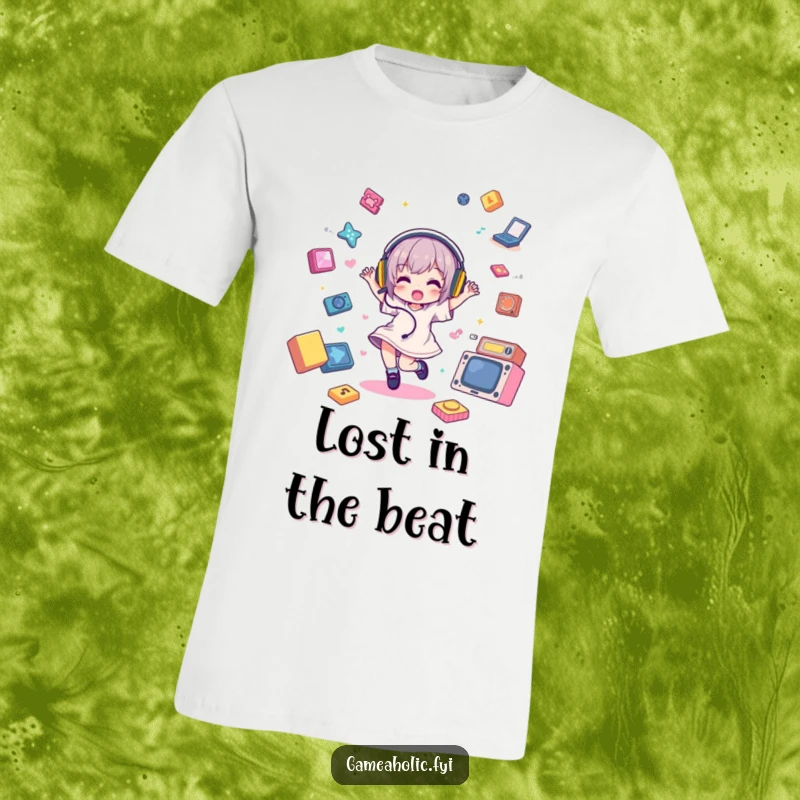 Funny T-Shirt depicting a character dancing energetically with headphones, immersed in floating game elements, embodying pure gaming joy.