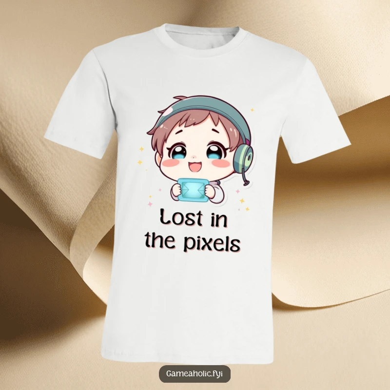 Funny t-shirt featuring a character joyfully staring at a flashing virtual world, expressing pure delight and wonder.