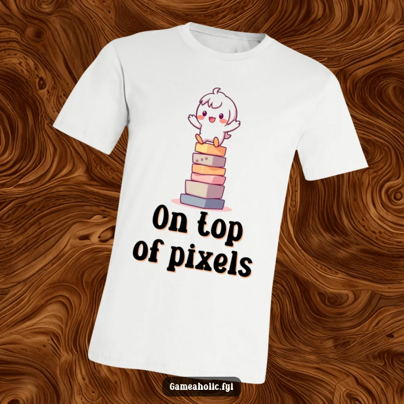 Funny t-shirt featuring a playful character precariously balancing on a stack of vibrant pixels, representing digital challenges and fun.