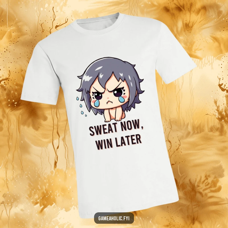 Funny T-Shirt: Playful character with intense focus, sweat drops flying, showcasing extreme concentration during gameplay.