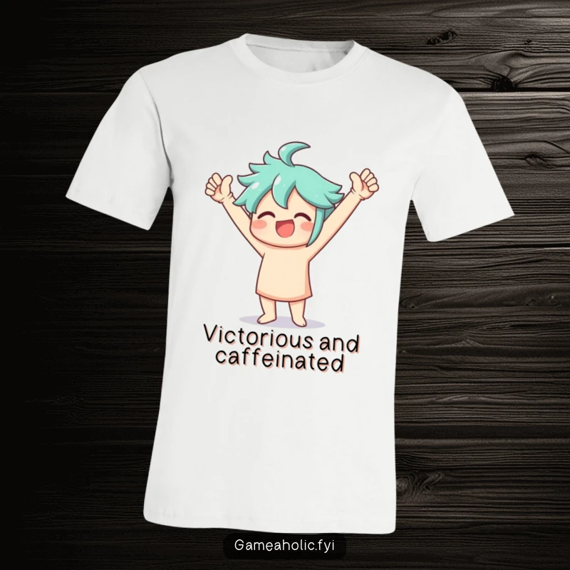 Funny T-Shirt featuring a person executing an ecstatic victory dance with arms triumphantly raised, radiating pure joy.