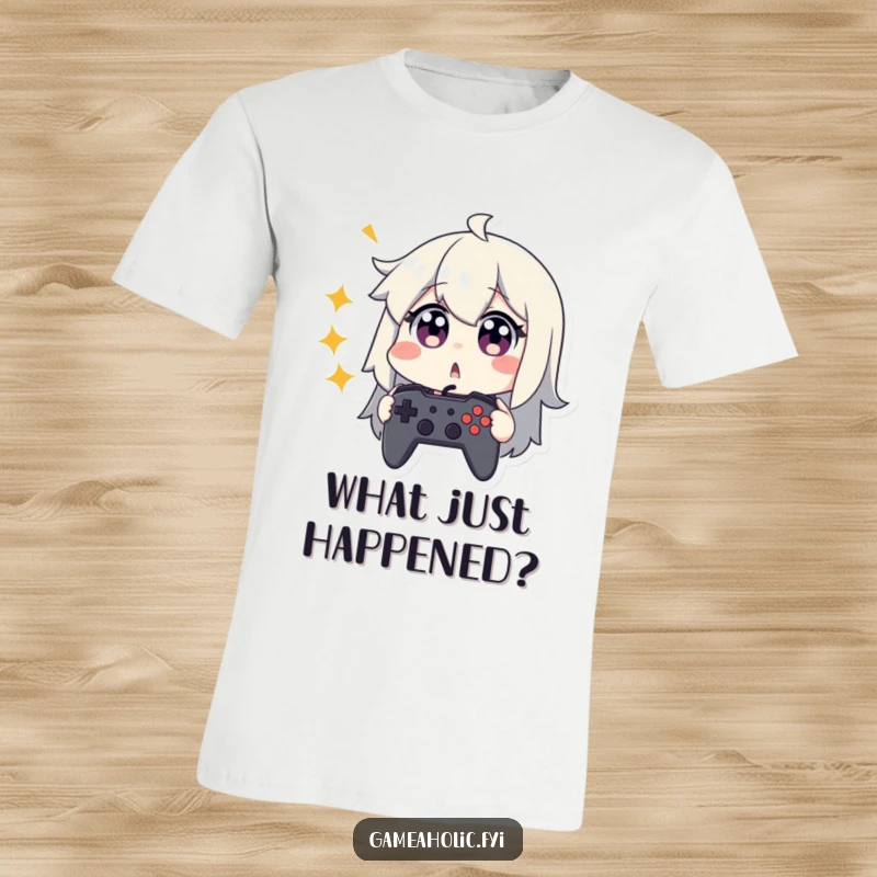 Funny t-shirt of a character with wide, surprised eyes, clutching a game controller in shock.