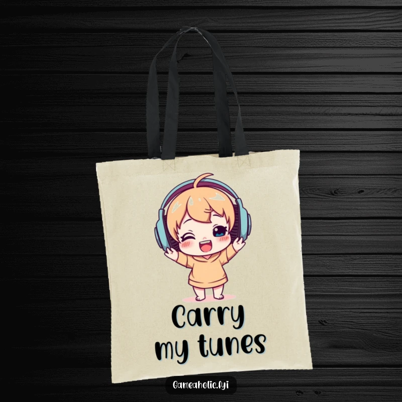 Funny tote bag depicting a delighted character wearing big headphones, bobbing their head to music, ideal for music lovers.