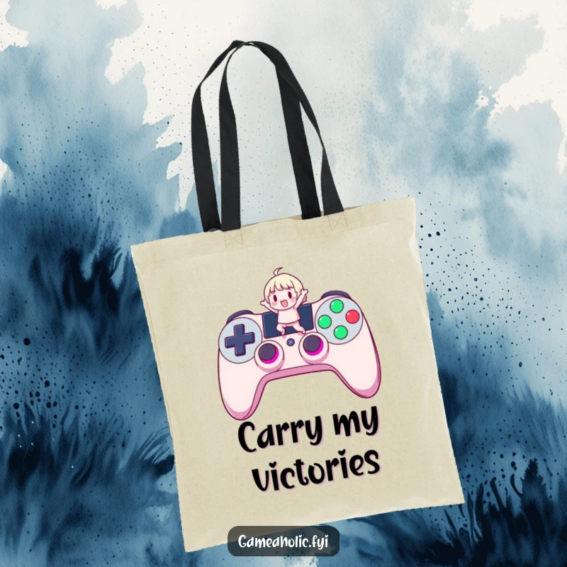 Funny Gamer Tote Bag: An adorable tote bag featuring a cute character jumping on a giant, glowing controller button, perfect for gamers.