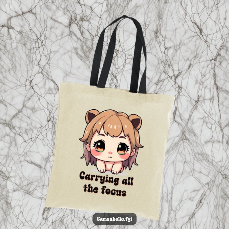 Funny tote bag with a cute character intensely focused, eyes wide and sparkling, ready for any gaming mission.