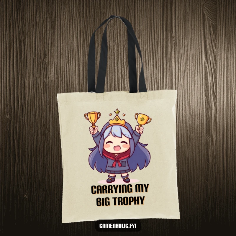 Funny Tote Bag illustrating a character triumphantly waving a tiny trophy, perfect for carrying groceries with a funny flair.