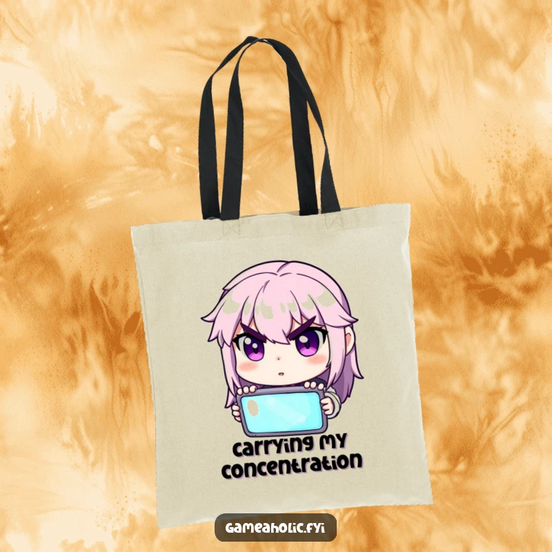 Funny tote bag featuring a gamer character with determined eyes focused on a glowing screen.