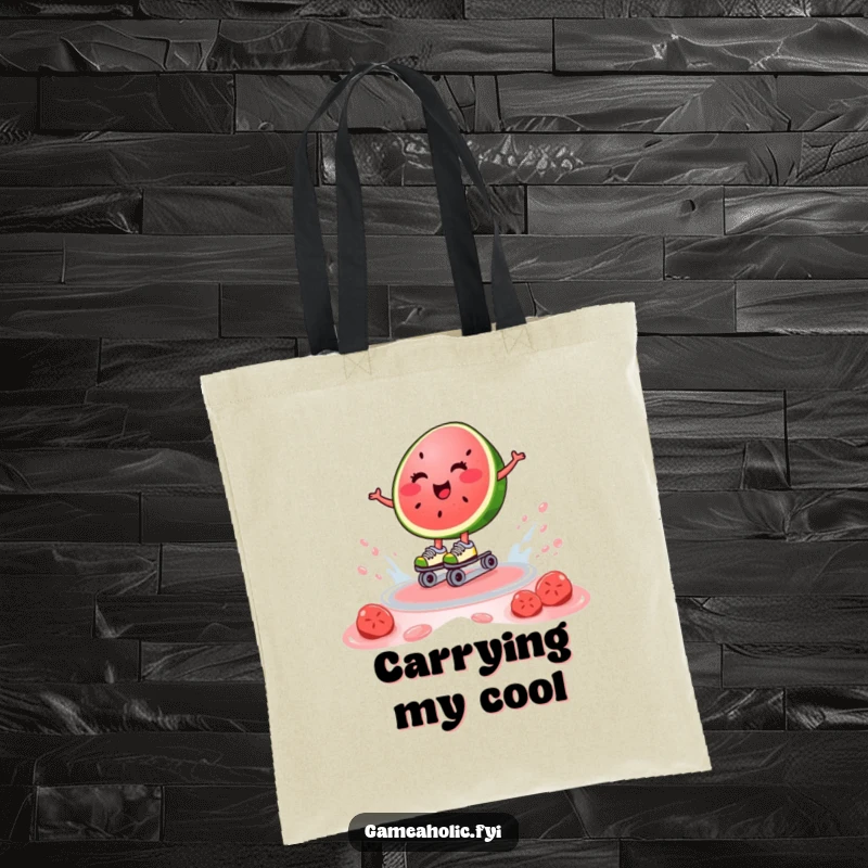 Funny tote bag with a happy watermelon slice on roller skates, gliding on juice, perfect for carrying summer essentials.
