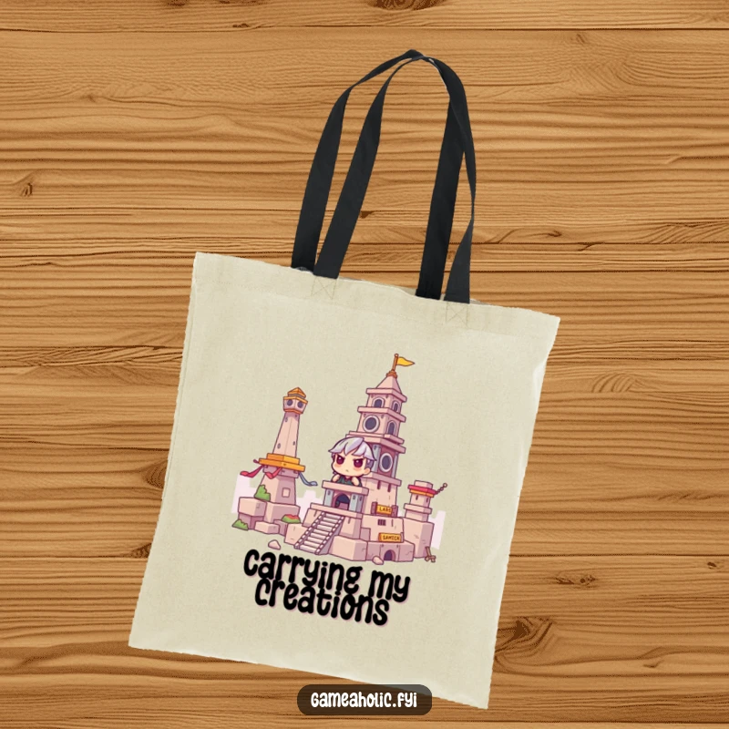 Funny Tote Bag: A gamer intensely focused on building a towering structure in a video game, perfect for carrying game essentials.