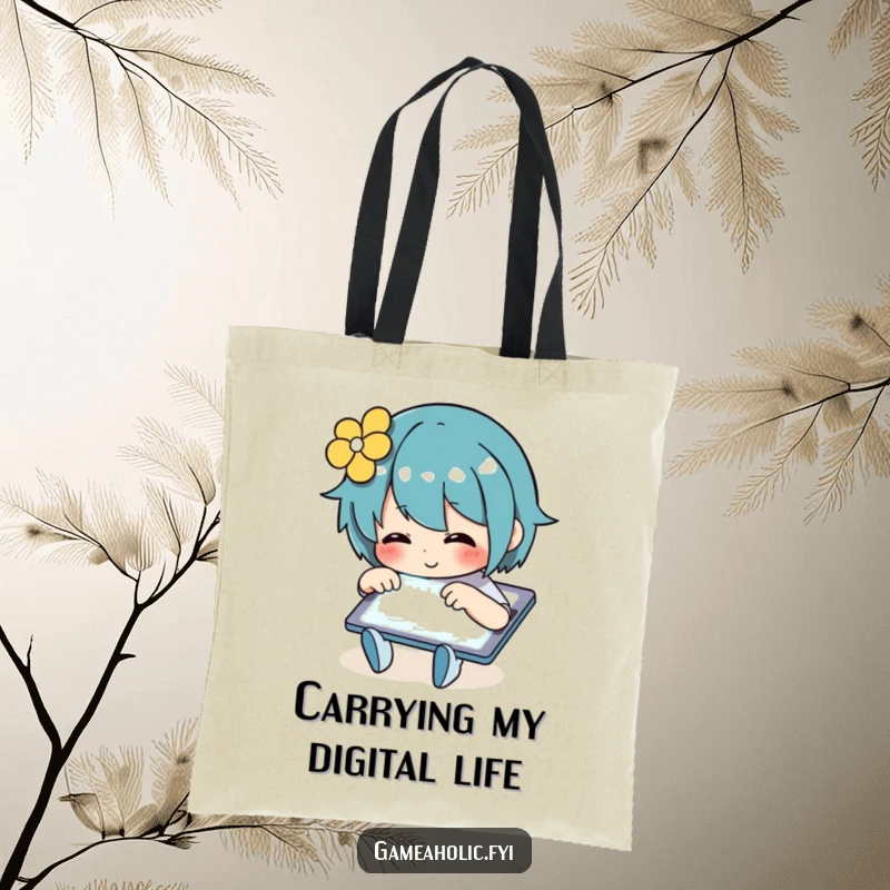 Funny Tote Bag featuring a cheerful character rapidly tapping a bright, glowing tablet screen, a stylish and humorous accessory.