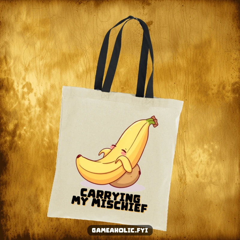 Funny tote bag graphic of a grinning banana peel positioned to trip a drowsy, rolling potato, ready for errands.