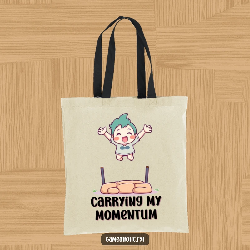 Funny tote bag featuring a character excitedly leaping over a virtual obstacle with arms outstretched.