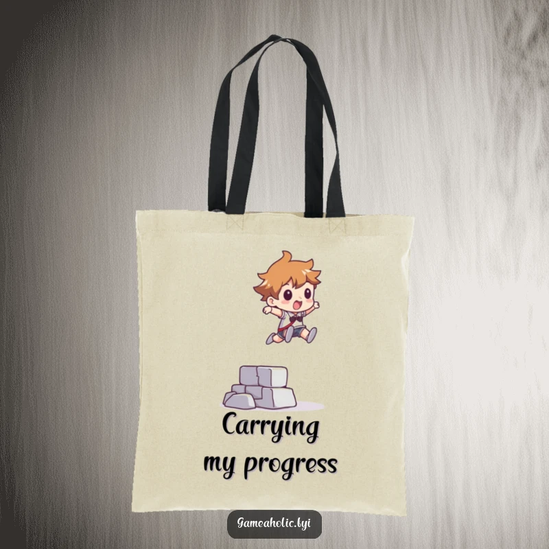 Funny tote bag showing a character leaping over a pixelated obstacle, a practical and abstract accessory symbolizing success.