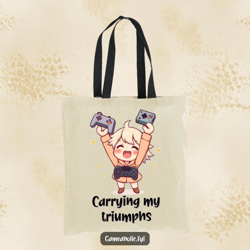 Funny tote bag shows an ecstatic gamer character celebrating by throwing a controller in the air, perfect for carrying gaming gear.