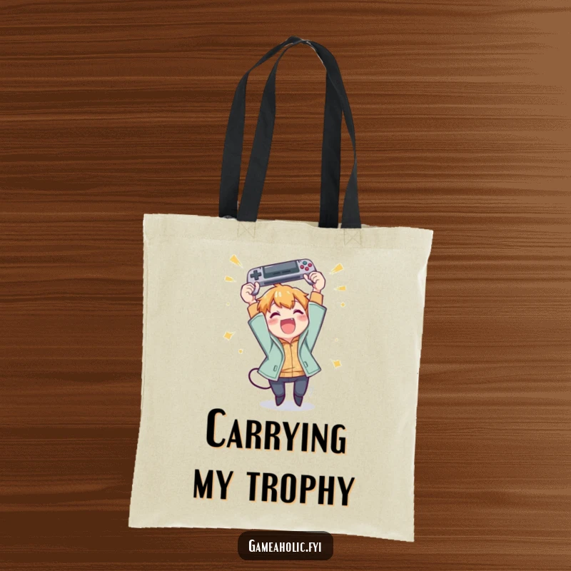 Funny tote bag featuring a character excitedly throwing a gamepad in the air with pure joy.