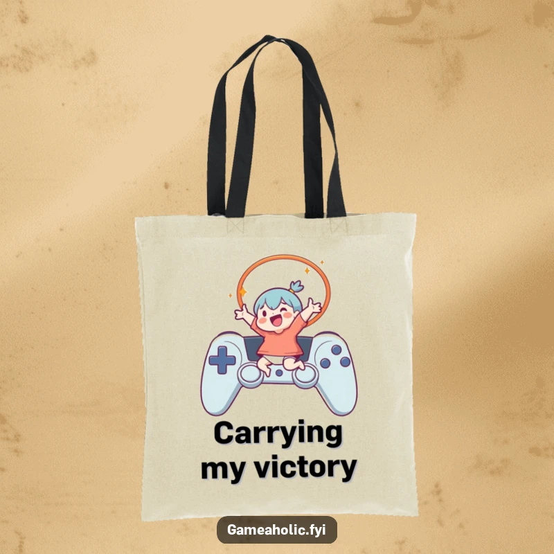 Funny Tote Bag illustrating a character joyfully jumping through a large controller hoop, ideal for carrying gaming accessories and showing off humor.