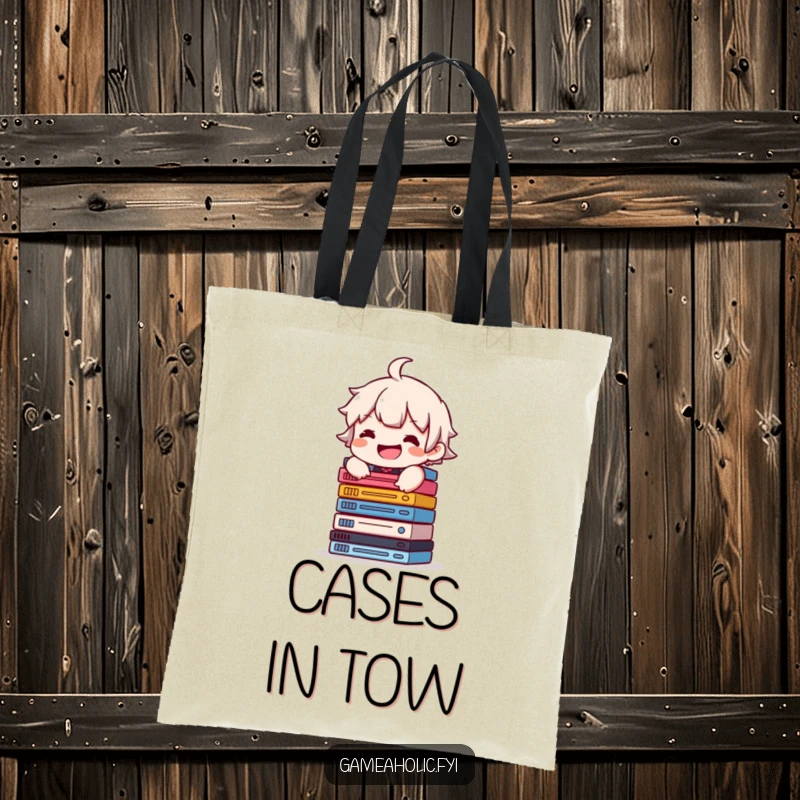 Funny tote bag depicting a character with a grin, balancing a large stack of video game cases, ideal for carrying games.