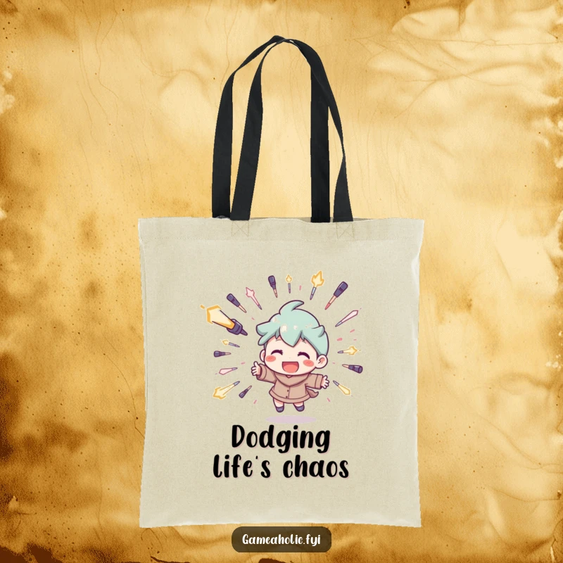 Funny tote bag featuring a character expertly dodging digital projectiles with a big grin, a humorous and practical accessory.