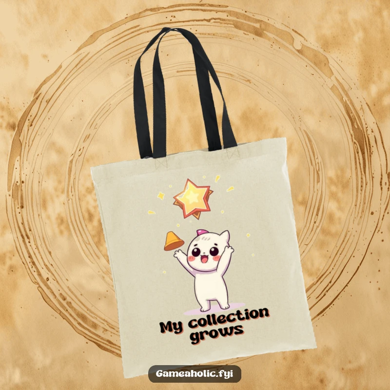 Funny tote bag with a character eagerly reaching for a floating virtual award, perfect for carrying essentials and dreams.