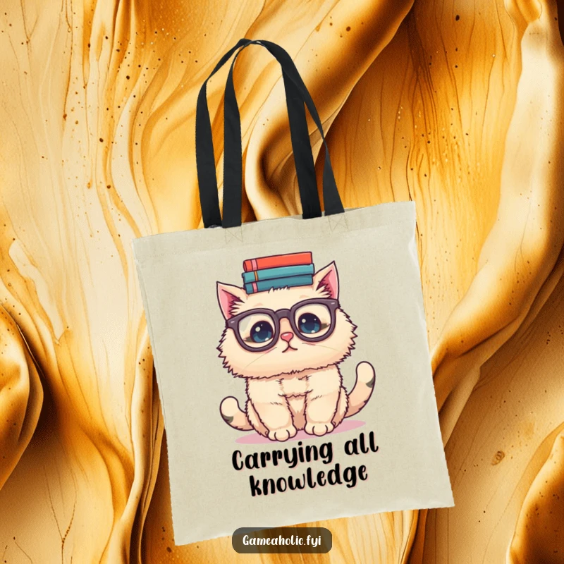 Funny tote bag showing a fluffy cat in large glasses, attempting to balance a tower of books on its head, ready for errands.
