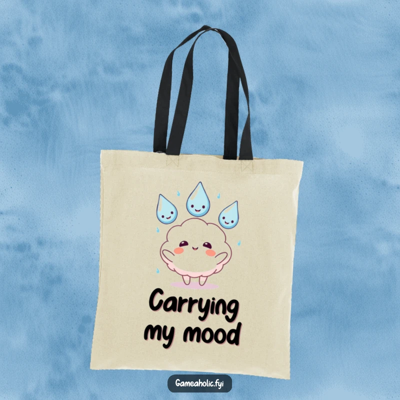 Funny tote bag with a fluffy cloud character juggling smiling rain drops, perfect for carrying essentials with a cheerful vibe.