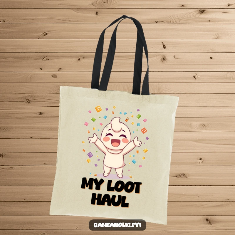 Funny tote bag with a happy character throwing confetti made of miniature video game icons.