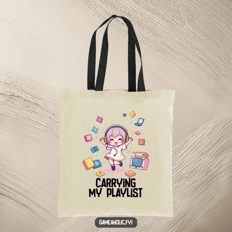 Funny Tote Bag with a character dancing ecstatically with headphones, surrounded by game icons, a humorous way to carry gear.