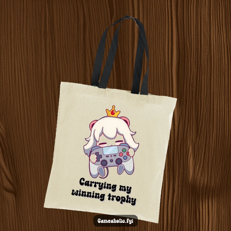 Funny tote bag featuring a character hugging a video game controller, perfect for gamers to carry their gear.
