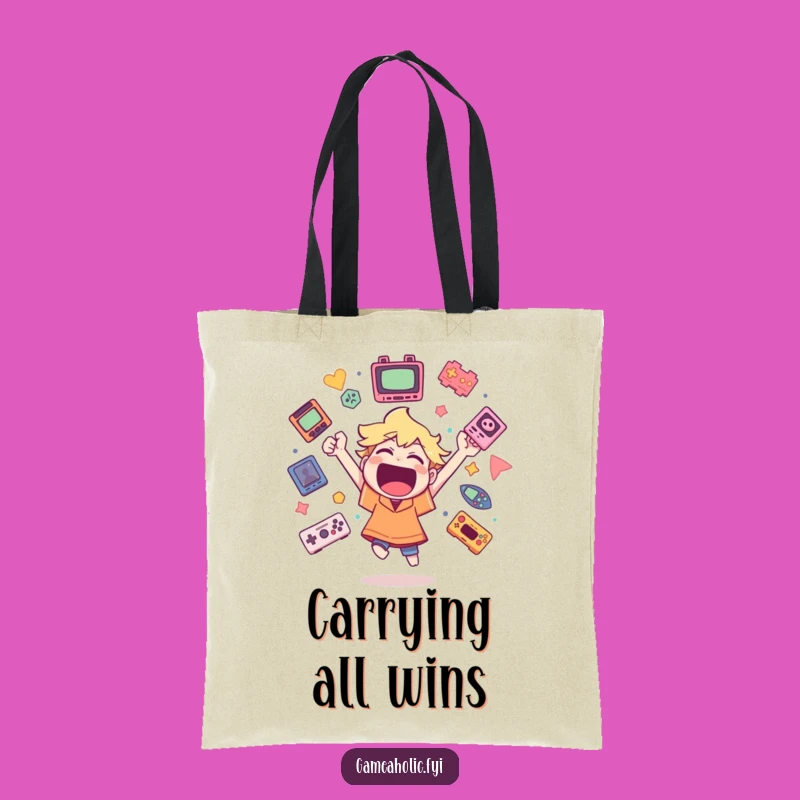 Funny Gamer Tote Bag: Cheering Character with Icons, Perfect for Carrying Gaming Gear