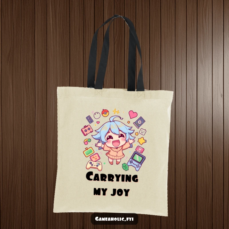 Funny tote bag showcasing a happy character filled with excitement, surrounded by playful game icons, ready for fun.
