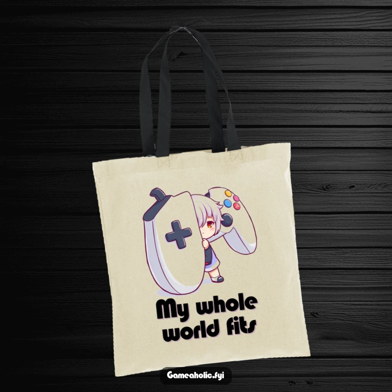 Funny tote bag with a character playfully hidden behind a giant game controller, perfect for carrying gaming gear in style.