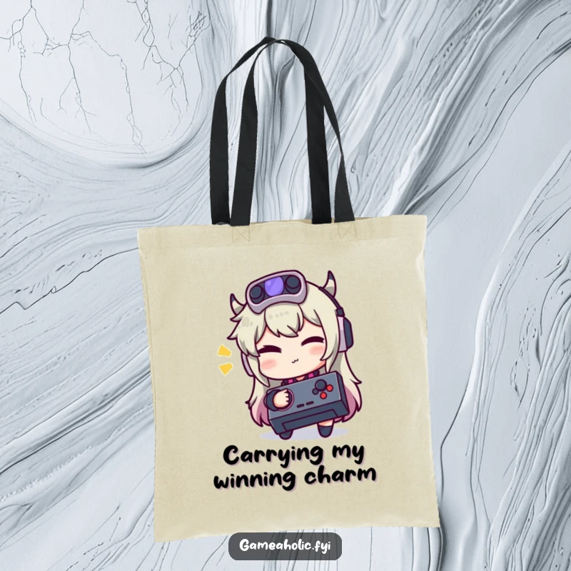 Funny tote bag featuring a gamer character giving a playful wink while holding a joystick.