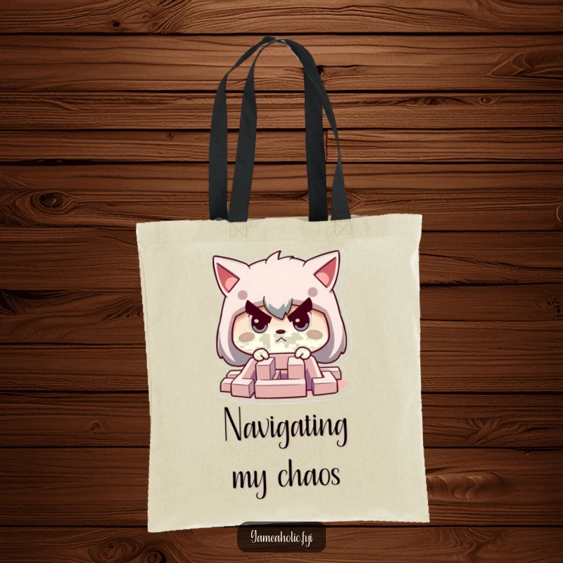 Funny tote bag featuring a character with a determined face, intently focused on navigating a challenging, miniature maze.