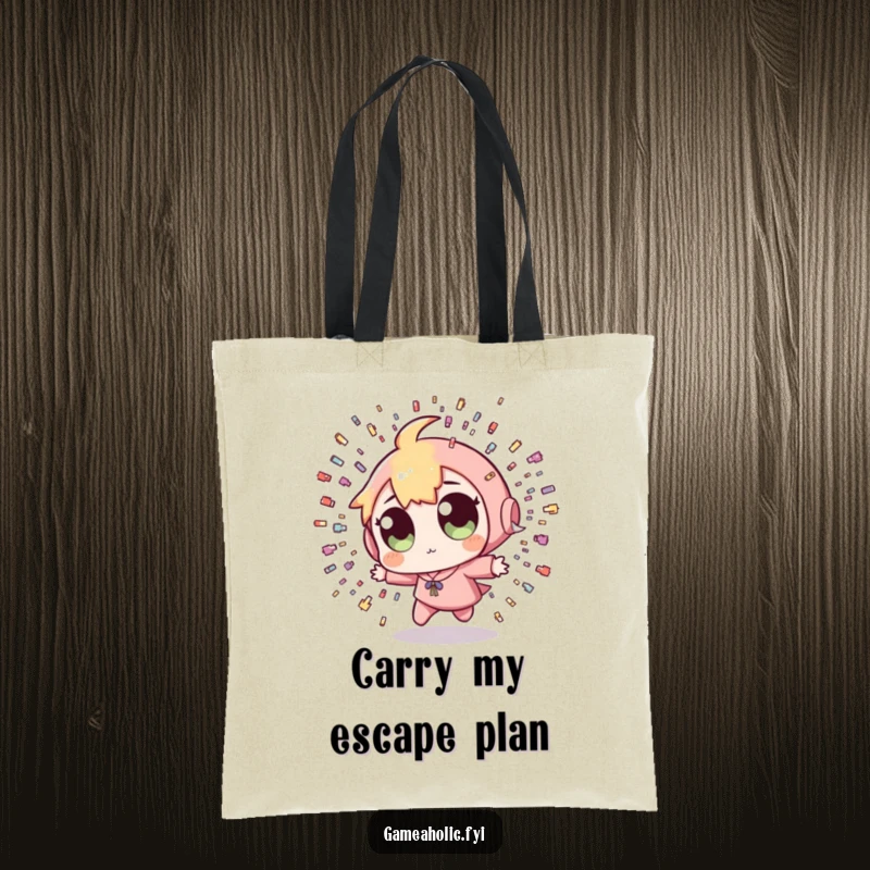 Funny Pixel Bullet Tote Bag: An adorable tote bag featuring a character with wide eyes dodging a shower of tiny pixelated bullets, perfect for gamers.