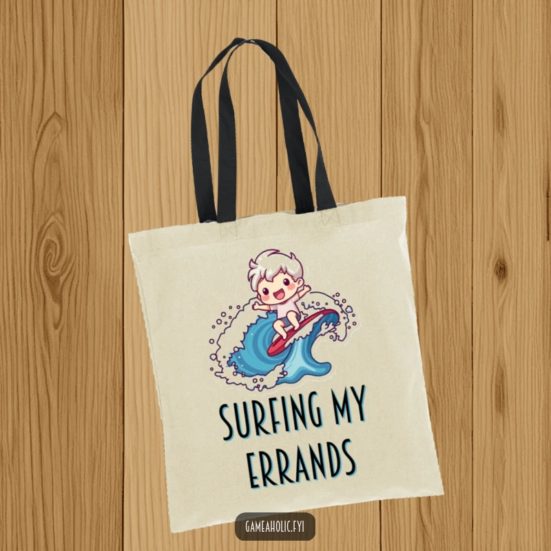 Funny tote bag featuring a cheerful character riding a stylized pixelated wave, ideal for gamers.