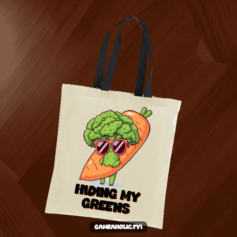 Funny tote bag with a shy broccoli stalk wearing sunglasses, peeking from behind a carrot, perfect for discreet carrying.