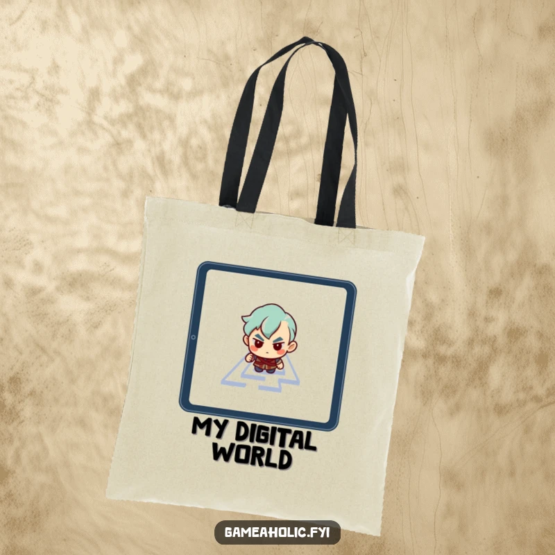 Funny tote bag depicting a determined character navigating a maze on a glowing tablet screen, symbolizing digital strategy.