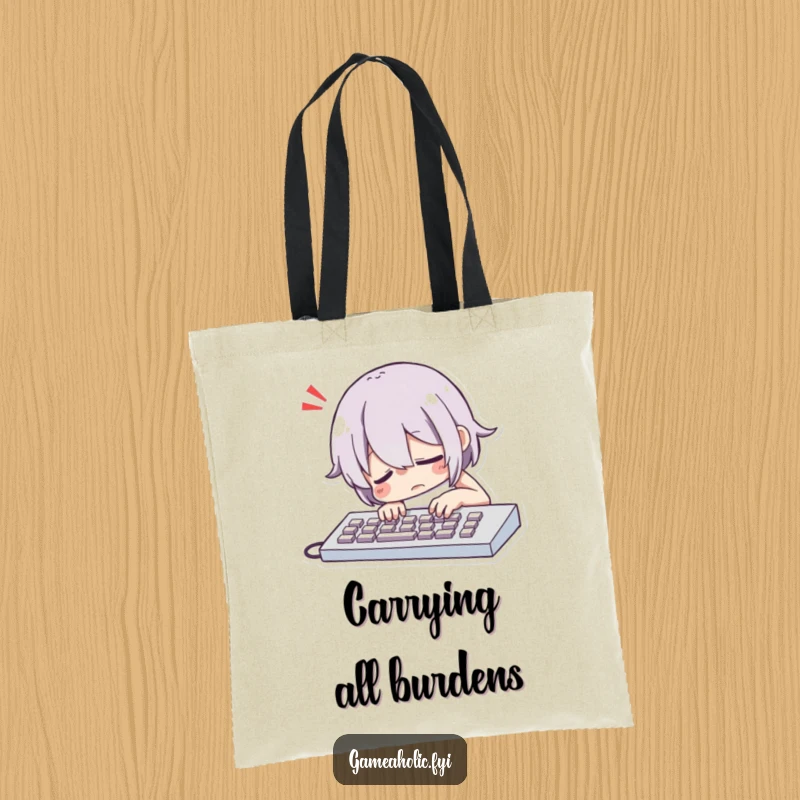 Funny Character Dramatically Slumping Over a Keyboard with a Comically Exaggerated Sigh Tote Bag, a Humorous Accessory.